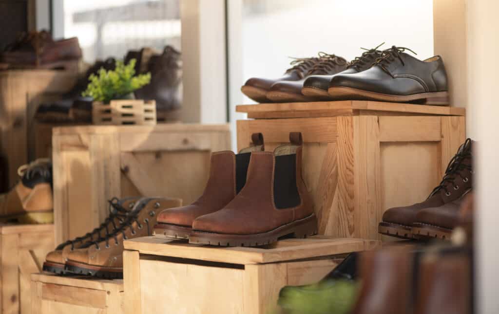 Men fashion shoe boots on the wooden box storage